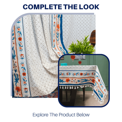100% Cotton Dining Table Cover, Printed Cotton Table Cloth with Boho Tassels - Hibiscus Bloom Border Peach