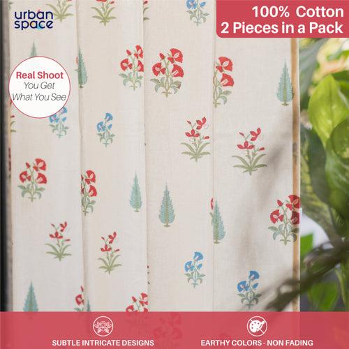 100% Cotton, room darkening ethnic curtains, Pack of 2 Curtains - High Garden Red