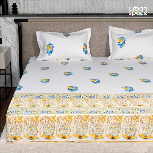 Regal Collection - Breathable 200 TC 100% Pure Cotton Single Bedsheet with Pillow Cover, Ethnic Motif - Yellow