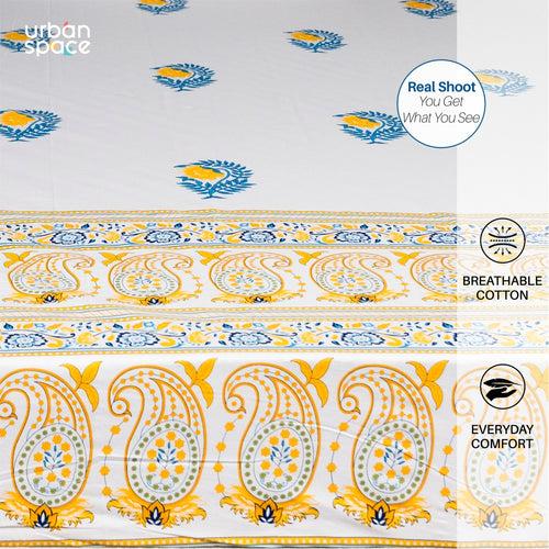 Regal Collection - Breathable 200 TC 100% Pure Cotton Single Bedsheet with Pillow Cover, Ethnic Motif - Yellow