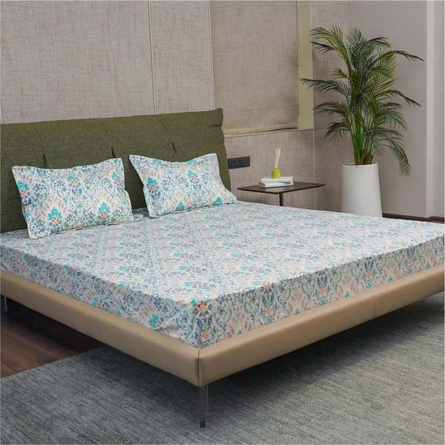 Regal Collection - Breathable 200 TC 100% Pure Cotton Single Bedsheet with Pillow Cover, Mughal Garden - Blue