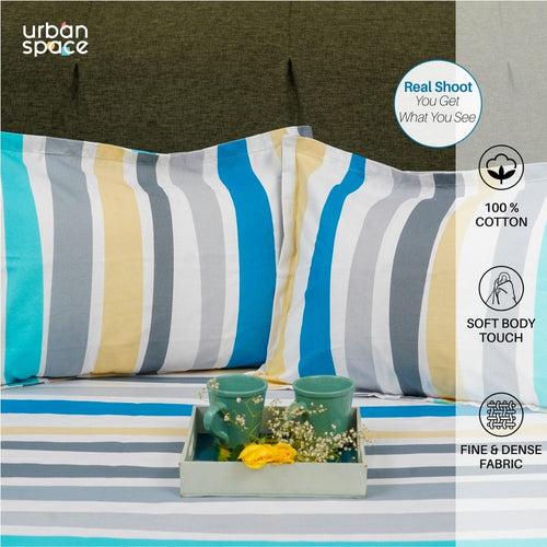 Serene Collection - Breathable 200 TC 100% Pure Cotton Bedsheet with Pillow Cover, MultiColour Stripes - Blue