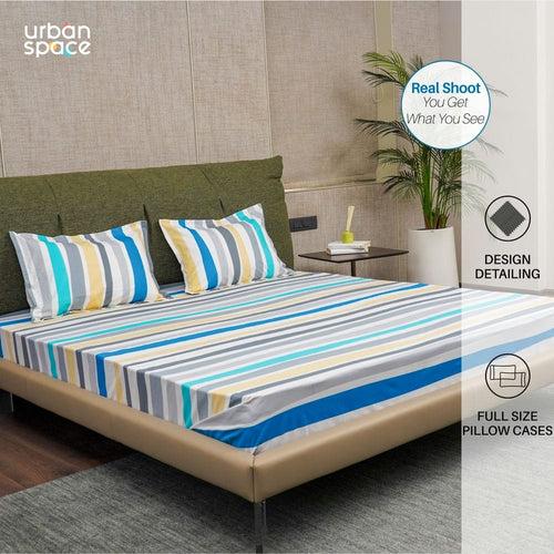 Serene Collection - Breathable 200 TC 100% Pure Cotton Bedsheet with Pillow Cover, MultiColour Stripes - Blue