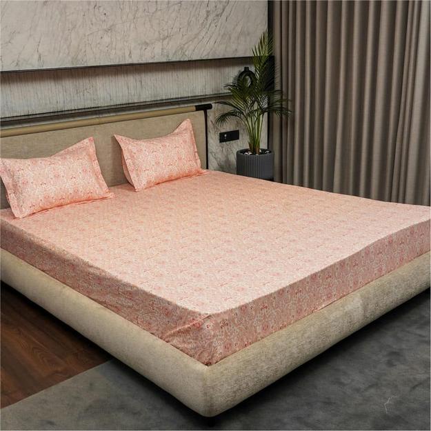 Regal Collection - Breathable 200 TC 100% Pure Cotton Single Bedsheet with Pillow Cover, Paisley- Peach