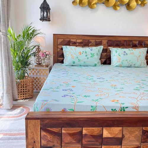 Divine - 100%  Cotton Double Bedsheet with 2 Pillow Covers - Floral Euphoria Mint Green