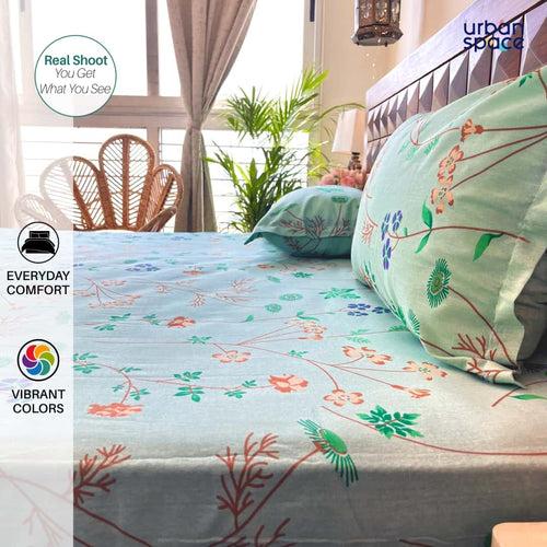 Divine - 100%  Cotton Double Bedsheet with 2 Pillow Covers - Floral Euphoria Mint Green