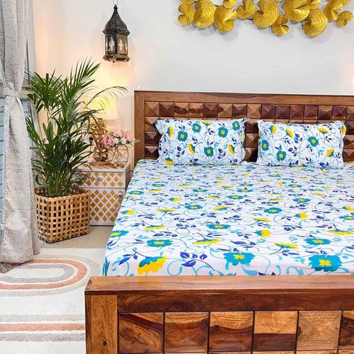 Divine - 100%  Cotton Double Bedsheet with 2 Pillow Covers - Floret White & Blue