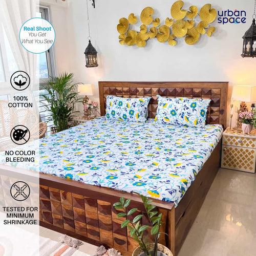 Divine - 100%  Cotton Double Bedsheet with 2 Pillow Covers - Floret White & Blue