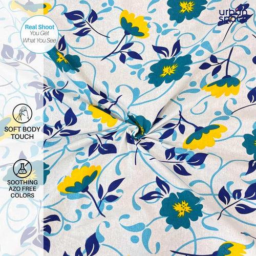 Divine - 100%  Cotton Double Bedsheet with 2 Pillow Covers - Floret White & Blue