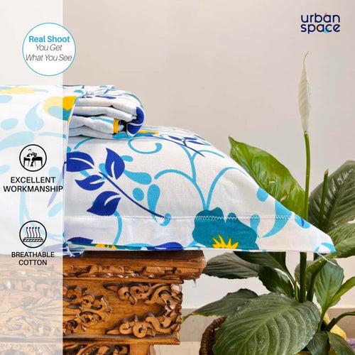 Divine - 100%  Cotton Double Bedsheet with 2 Pillow Covers - Floret White & Blue