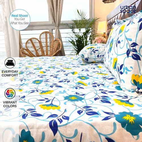 Divine - 100%  Cotton Double Bedsheet with 2 Pillow Covers - Floret White & Blue
