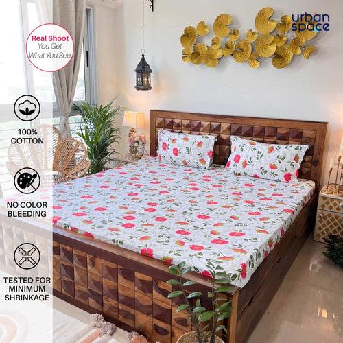 Divine - 100%  Cotton Double Bedsheet with 2 Pillow Covers - Floret White & red