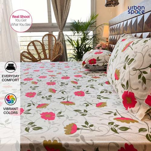 Divine - 100%  Cotton Double Bedsheet with 2 Pillow Covers - Floret White & red