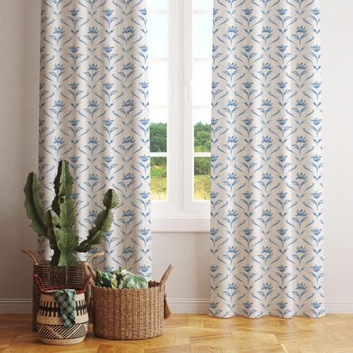 100% Cotton Curtains for Living Room, Bedroom curtains - Pack of 2 curtains, Water Lily - Blue