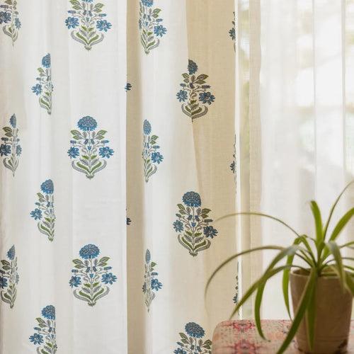 100% Cotton Ethnic Room Darkening Curtains For Living Room, Pack of 2 Curtains - Liberty Blue