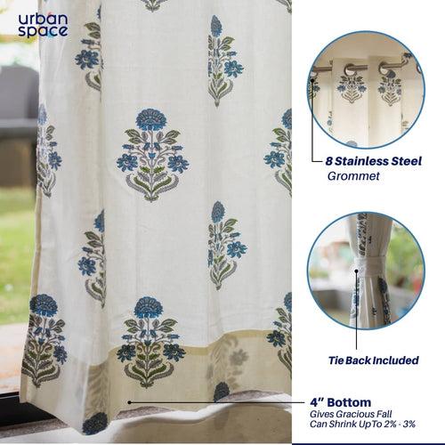 100% Cotton Ethnic Room Darkening Curtains For Living Room, Pack of 2 Curtains - Liberty Blue