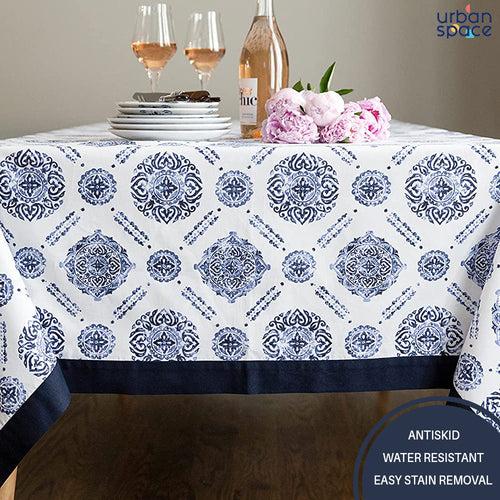 Sicilia : Anti Skid & Water resistant Linen textured Premium table cover for dining table - Blue Border