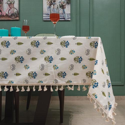 100% Cotton Dining Table Cover with Boho Tassels Printed - Calico Blue