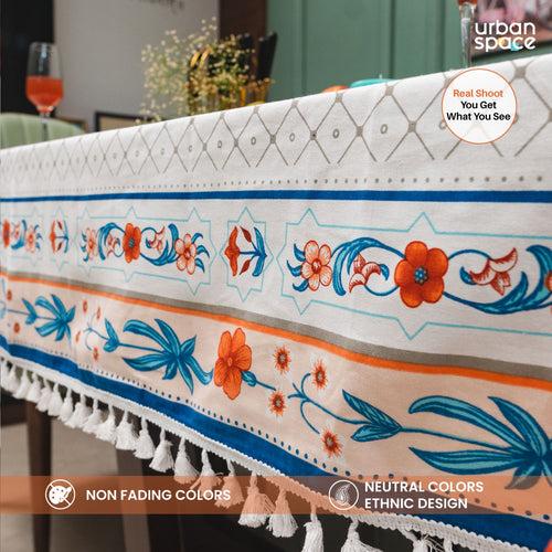 100% Cotton Dining Table Cover, Printed Cotton Table Cloth with Boho Tassels - Hibiscus Bloom Border Peach