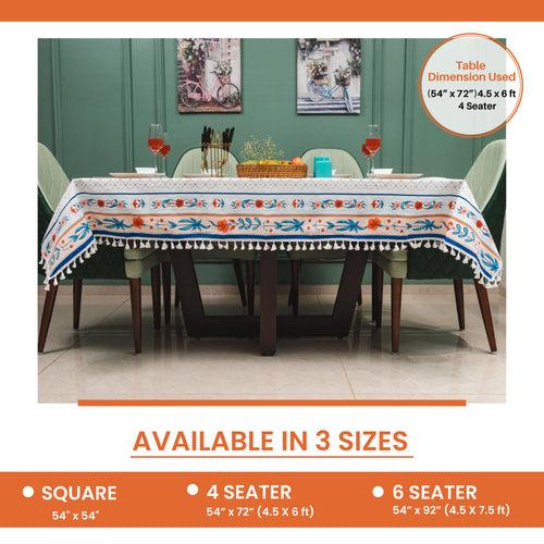 100% Cotton Dining Table Cover, Printed Cotton Table Cloth with Boho Tassels - Hibiscus Bloom Border Peach