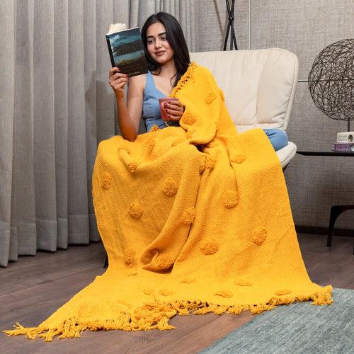 Cotton Throw Bedcover Super Soft & Breathable | Natural Throw Blanket | Use For Picnic & Gifting - Mustard