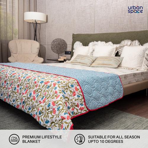 All Season 120 GSM AC Blanket, printed microfiber fabric Dohar, Reversible use  3 layered comforter & quilt for AC and light winters - Kashmir Pink & Blue