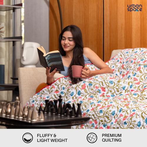 All Season 120 GSM AC Blanket, printed microfiber fabric Dohar, Reversible use  3 layered comforter & quilt for AC and light winters - Kashmir Pink & Blue