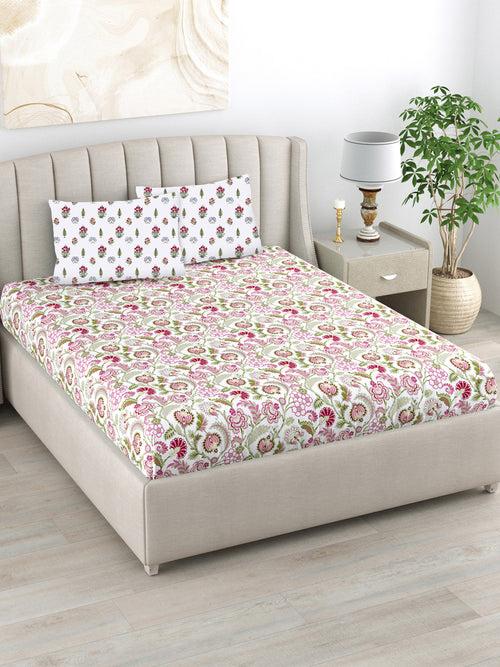 220 TC 100% Cotton Printed Bedsheet for Double Bed with 2 Pillow Covers ( Double / Single / King Size Bedsheet)  - Creeper Pink