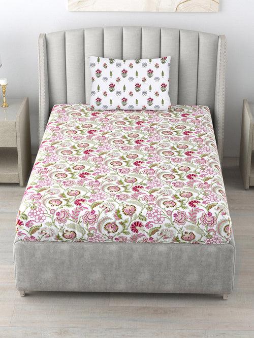 220 TC 100% Cotton Printed Bedsheet for Double Bed with 2 Pillow Covers ( Double / Single / King Size Bedsheet)  - Creeper Pink