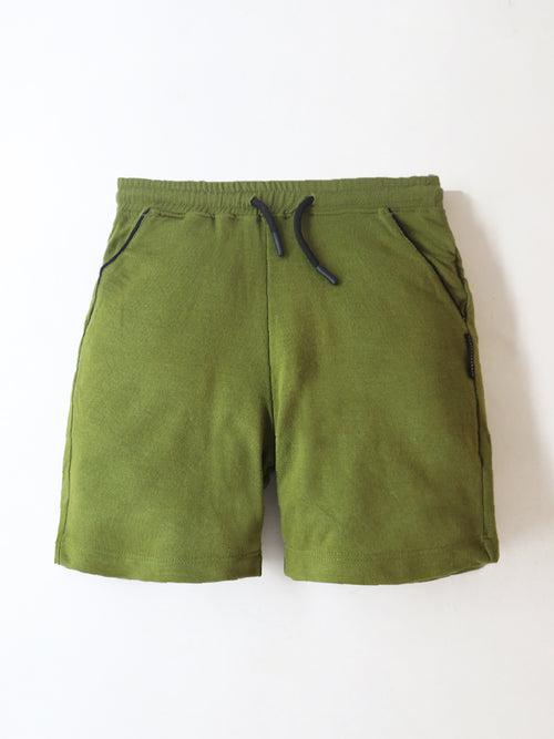 Cherry Crumble Olive Green Solid Cotton Blend Elasticated waist with Pockets Summer Shorts For Boys