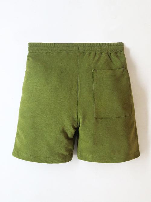 Cherry Crumble Olive Green Solid Cotton Blend Elasticated waist with Pockets Summer Shorts For Boys