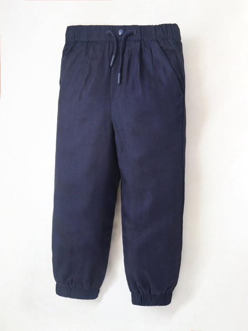 Smart Casual Navy Blue Cotton Elasticated Baggy Trouser For Boys