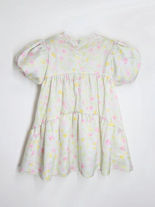 Smart Casual Mint Floral Print Cotton Blend & Puffy Sleeves with Zipper closure Fit & Flared Summer Dress For Girls