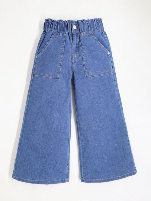 Girls Wide Leg Denim Blue Stylish High Rise Jeans