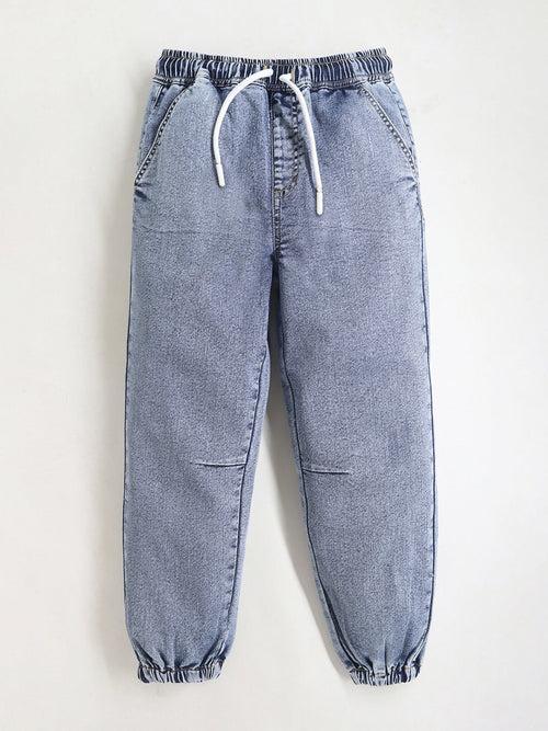 Casual Comfortable Unisex Light Denim Blue Baggy Fit Stretch Joggers