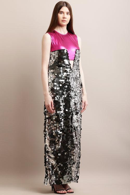 Pink Mattalic & Silver Coin Sequins Gown