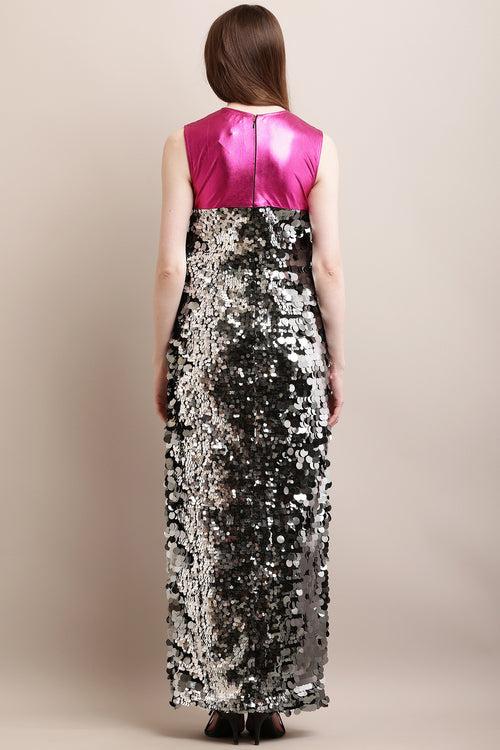 Pink Mattalic & Silver Coin Sequins Gown