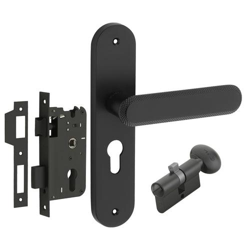 IPSA Stone Moderna Handle Series on 8" Plate CYS Lockset with 60mm Coin and Knob - Matte Finish BLACK