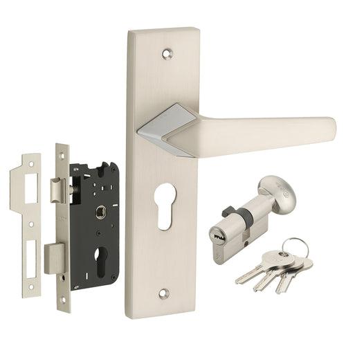 IPSA Peru Iris Handle Series on 8" Plate CYS Lockset with 60mm One Side Key and Knob - Matte Satin Nickel Finish CPS