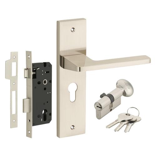 IPSA Cyan Moderna Handle Series on 8" Plate CYS Lockset with 60mm One Side Key and Knob - Matte Satin Nickel Finish FSS