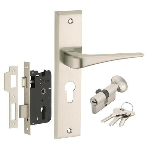 IPSA Navy Iris Handle Series on 8" Plate CYS Lockset with 60mm One Side Key and Knob - Matte Satin Nickel Finish FSS