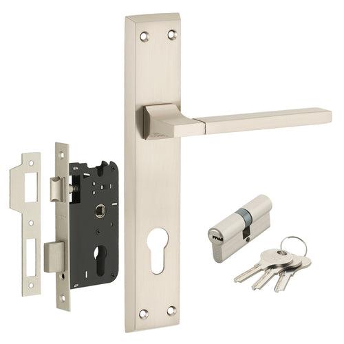 IPSA Kafe Iris Handle Series on 8" Plate CYS Lockset with 60mm Both Side Key - Matte Satin Nickel Finish SS