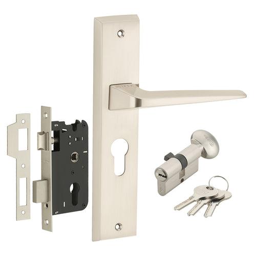 IPSA Canary Iris Handle Series on 8" Plate CYS Lockset with 60mm One Side Key and Knob - Matte Satin Nickel Finish FSS