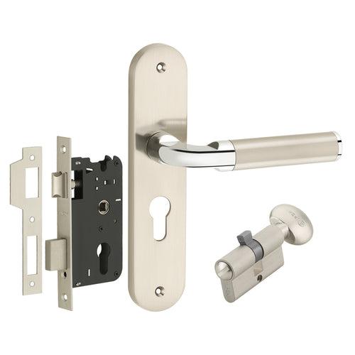 IPSA Cherry Iris Handle Series on 8" Plate CYS Lockset with 60mm Coin and Knob - Matte Satin Nickel Finish CPS