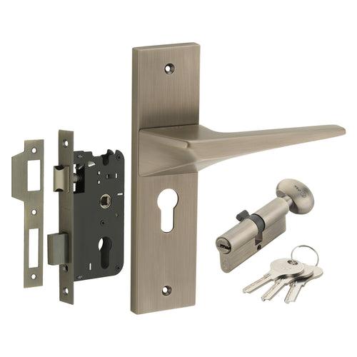 IPSA Smoke Moderna Handle Series on 8" Plate CYS Lockset with 60mm One Side Key and Knob - Matte Finish MAB