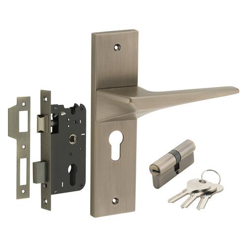 IPSA Smoke Moderna Handle Series on 8" Plate CYS Lockset with 60mm Both Side Key - Matte Antique Finish MAB