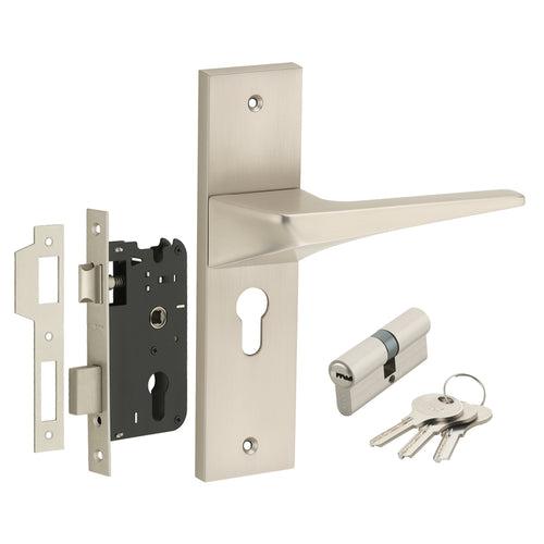 IPSA Smoke Moderna Handle Series on 8" Plate CYS Lockset with 60mm Both Side Key - Matte Satin Nickel Finish MSS