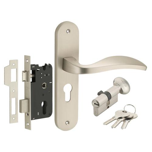 IPSA Scarlet Moderna Handle Series on 8" Plate CYS Lockset with 60mm One Side Key and Knob - Matte Satin Nickel Finish MSS