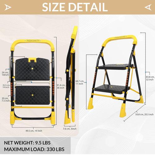 Parasnath 2 Step Yellow Diamond Mild Steel Foldable Ladder for Home - Wide Anti Skid Plastic Step Ladder for Extra Gripping 2.3 FT Ladder - Made in India