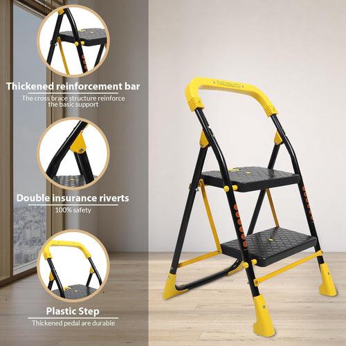 Parasnath 2 Step Yellow Diamond Mild Steel Foldable Ladder for Home - Wide Anti Skid Plastic Step Ladder for Extra Gripping 2.3 FT Ladder - Made in India